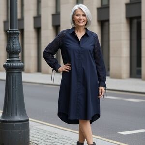 Chico's Navy Long Eyelet Sleeve Pullover Shirt Dress Size 3 (XL 16/18).